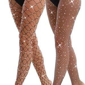 2 Pack Fishnet Tights Women Mesh Stockings Glitter Rhinestone Black Large Medium